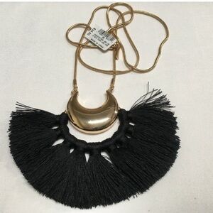 INC International Concepts crescent moon Black Gold Tassel statement Necklace